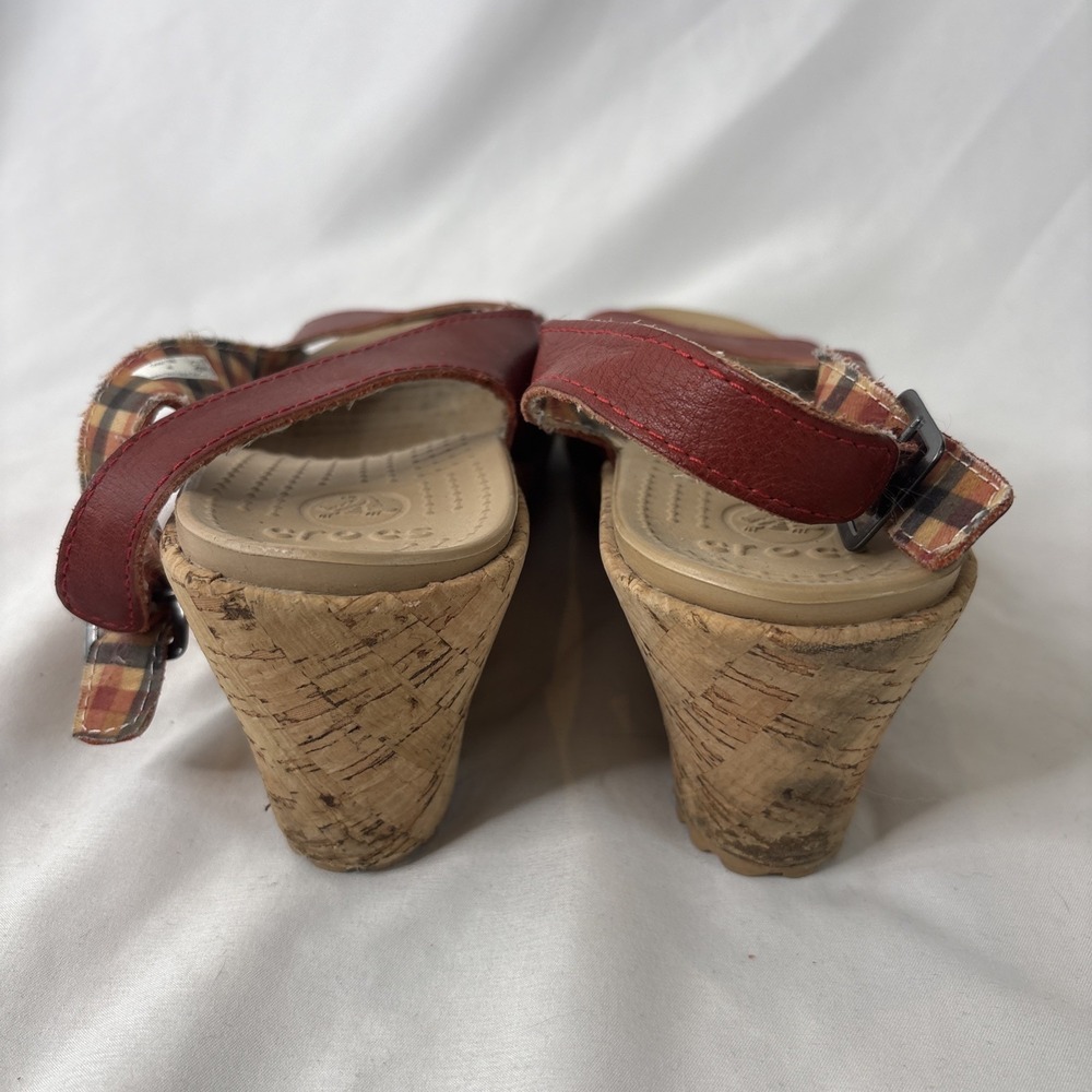 CROCS A-Leigh Leather Cork Wedge Slingback Sandals Size 8 Orange/Red Boho Shoes - Picture 4 of 7